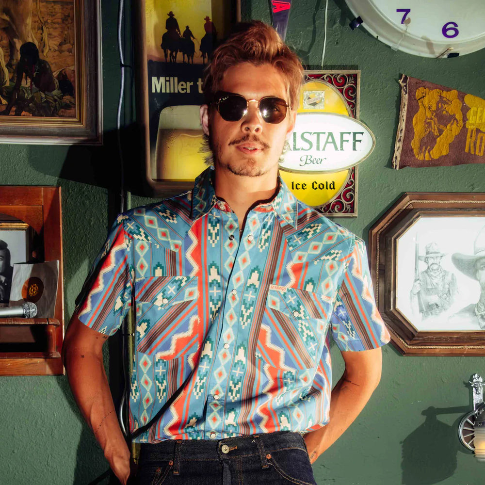 The Wyatt Pearl Snap S/S Solid Shirt | Nogales Stripe Turquiose