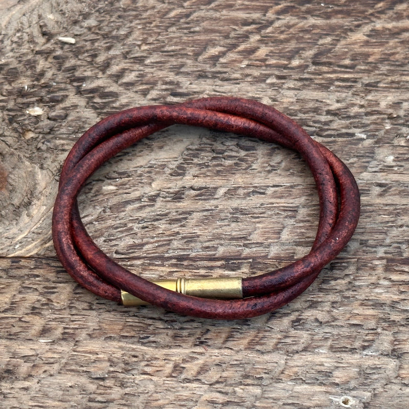 Flint Bracelet | Leather Smooth .22 | Brown Double Wrap | Tres Cuervos