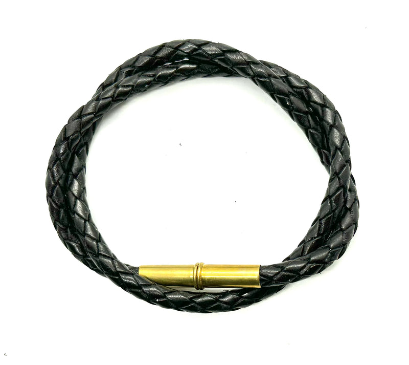 Flint Bracelet | Leather Braided .22 | Black Bolo Double Wrap | Tres Cuervos